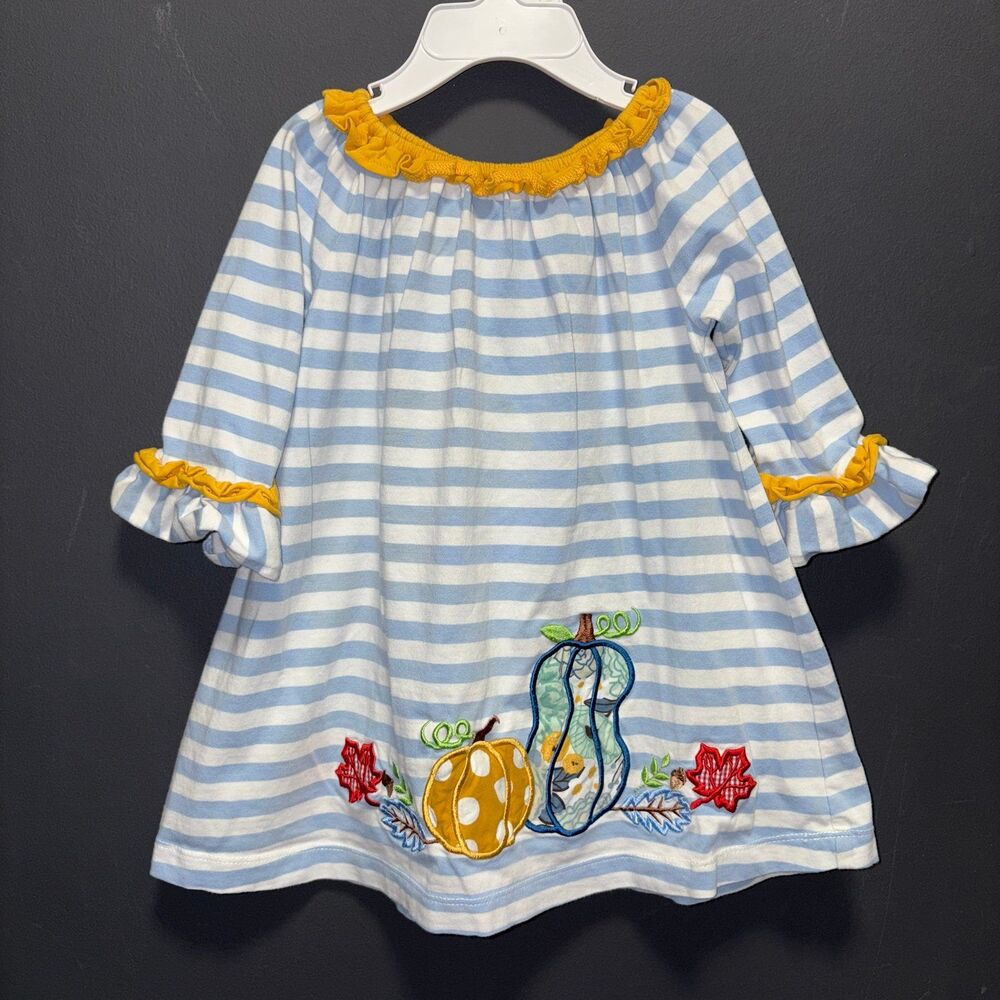 Three Sisters 24M Harvest Dress White Blue Yellow Fall Pumpkin Leaves Ruffles
